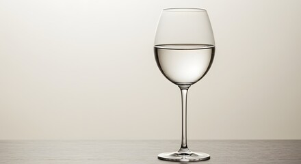 Obraz premium Half-Full Wine Glass on Wooden Surface Against Neutral Background