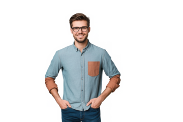 Portrait of his he nice attractive trendy cheerful cheery experienced brunet guy holding hands in pockets isolated over beige color pastel background
