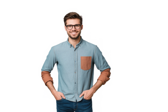 Portrait of his he nice attractive trendy cheerful cheery experienced brunet guy holding hands in pockets isolated over beige color pastel background
