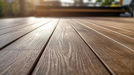 Brown composite decking material planks form terrace surface. Close-up view shows high-quality deck structure. Construction of backyard patio underway. Pro builders working on residential home