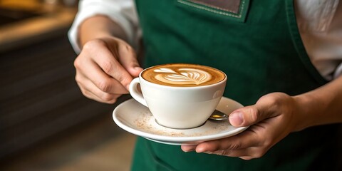Barista presenting a cup of perfectly crafted latte art coffee