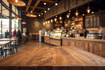 Rustic Wooden Table in a Cozy Coffee Shop Setting with Warm Lighting and Blurred Background