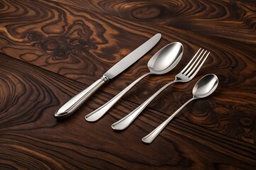 Elegant Silverware Set on Rich Dark Wood Tabletop Background
