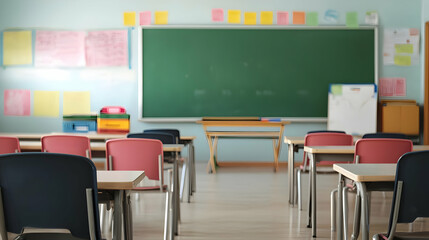 Empty Classroom With Desks And Chairs