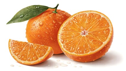 Juicy Orange Slices with Water Droplets and Green Leaf A Vibrant and Refreshing Image of Citrus Fruit
