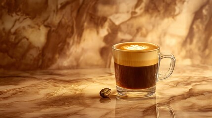A clear cup of espresso sits elegantly on a marble surface.