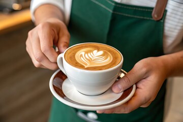 Barista Carefully Holding a Cup of Latte Art Coffee