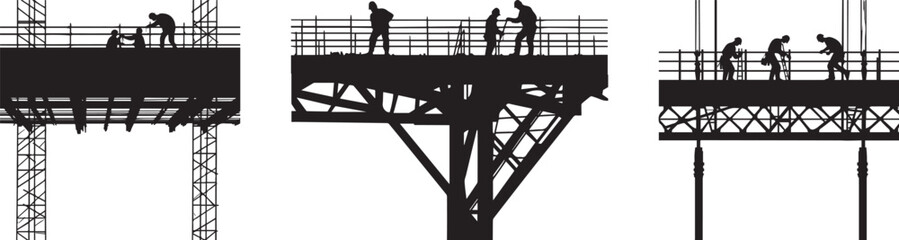 Silhouette of a bridge structure with scaffolding and workers repairing joints vector silhouette