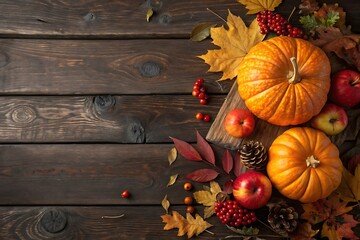 Autumn Harvest Thanksgiving Background with Pumpkins Apples and Fall Leaves on Wooden Table