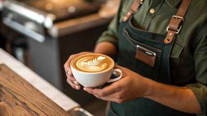 Barista holding a cup of latte art coffee in a cafe shop