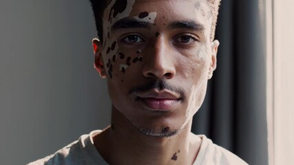 Confident young man with vitiligo embracing skin diversity, displaying natural beauty and self acceptance in authentic portrait