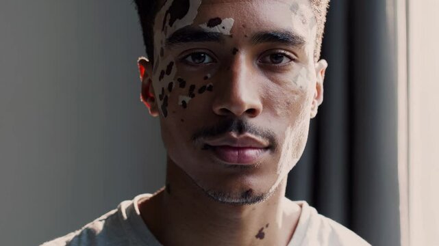 Confident young man with vitiligo embracing skin diversity, displaying natural beauty and self acceptance in authentic portrait