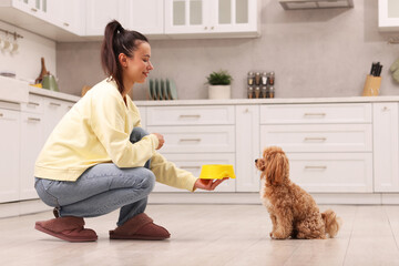 Smiling owner giving bowl with pet food to her cute dog in kitchen