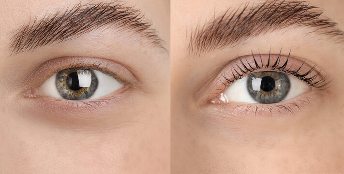 Woman showing her eyelashes before and after lamination procedure, closeup. Collage of photos