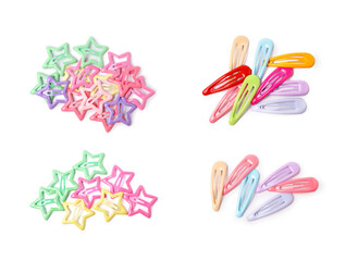 Different cute hair clips isolated on white, set