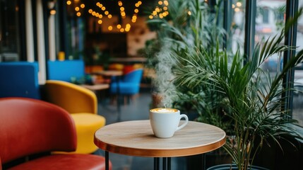 A cozy cafe scene with a steaming coffee cup and vibrant seating areas.
