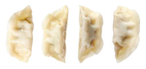 Tasty boiled gyoza (dumplings) on white background, set