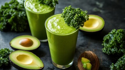 A vibrant green smoothie with kale and avocado, served with halved fruits.