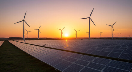 Harnessing the sunset's golden energy: A vast field of solar panels and wind turbines working together for a sustainable future, bathed in warm evening light.