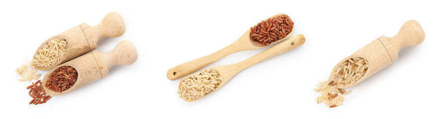 Different types of brown rice on white background, collage. Top view