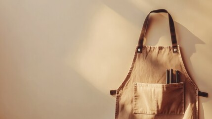 Beige apron with dark brown straps hanging on the wall in soft, warm light.