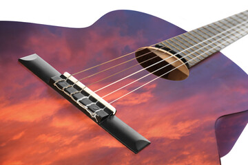 Guitar on white background, closeup. Double exposure of sunset sky and musical instrument
