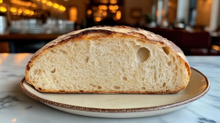 Close-up of crusty sourdough bread on a plate in a restaurant setting.