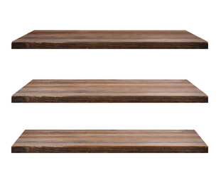 Empty wooden shelves isolated on white, set