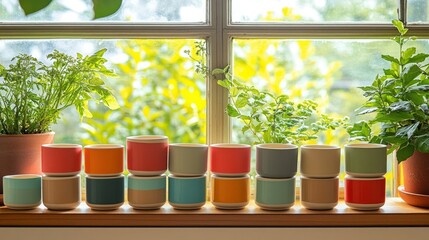 Colorful pots and plants line a bright windowsill in a natural light setting.