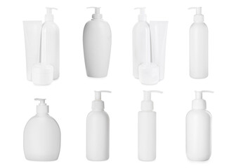 Different cosmetic products isolated on white, collage