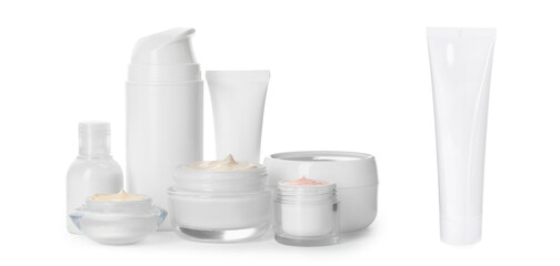 Different cosmetic products isolated on white, collage