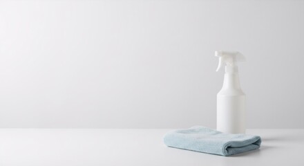 Spring cleaning essentials: White spray bottle and blue microfiber cloth on white surface. Minimalist housekeeping concept with copy space for text. Clean home and sanitizing supplies.