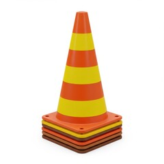 Traffic cone with yellow and orange stripes isolated on white background for road safety and hazard marking