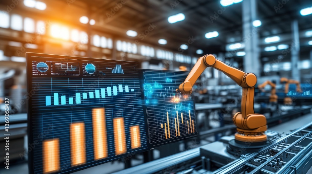 Poster industrial robot arm interacting with data analytics display, showcasing automation and technologica
