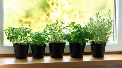 Potted herbs line a bright windowsill, bringing fresh greenery indoors.