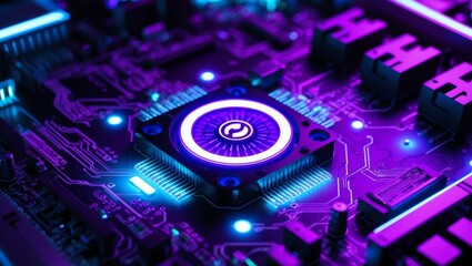 Cyberpunk neon background of futuristic glowing motherboard