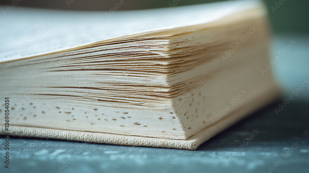 Poster a close-up of the textured pages and binding of a magazine, highlighting the tactile experience of r