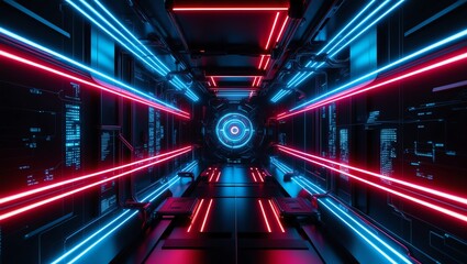 Cyberpunk neon background with futuristic sci-fi hallway design