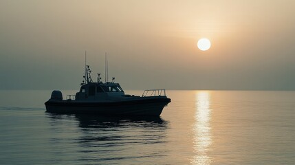 A boat glides across a serene sea under a soft sunrise, light reflecting.