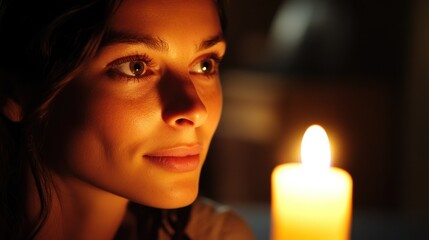 A woman's face is illuminated by the warm glow of a candle in the dark.