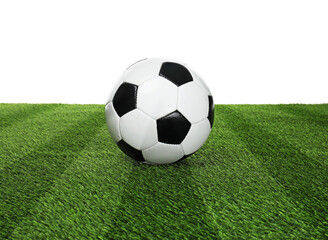 Fototapeta premium Football field with markings and soccer ball on green turf