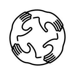 Four united hands in circle shape. Teamwork outline icon. Togetherness and cooperation concept. Vector illustration