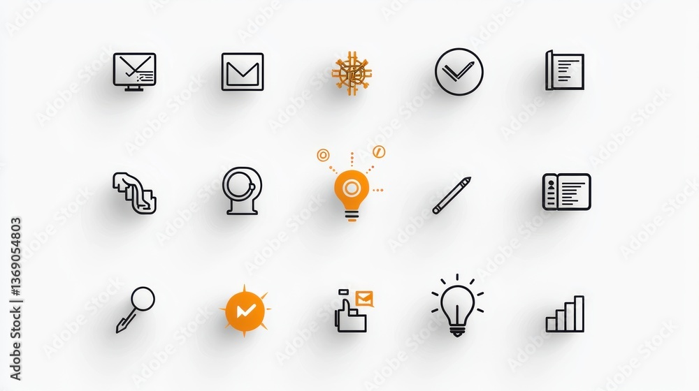 Poster a collection of icons and symbols representing various aspects of business technology communication 