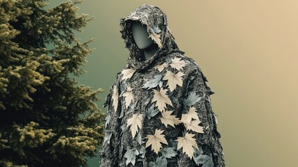 A ghillie suit on a mannequin, blending nature's foliage for camouflage.