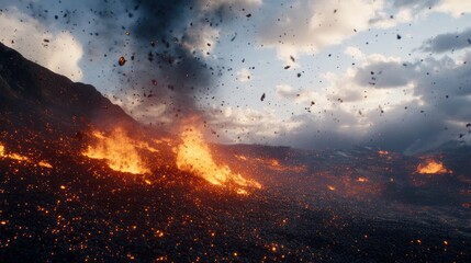 A volcano erupting, spewing lava, ash, and smoke into a turbulent sky.