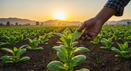A farmer's hand gently cradles a tobacco plant at sunset, the rich soil promising a bountiful harvest in a vast, tranquil field.