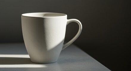 Obraz premium White Coffee Mug on Table with Sunlight and Shadow