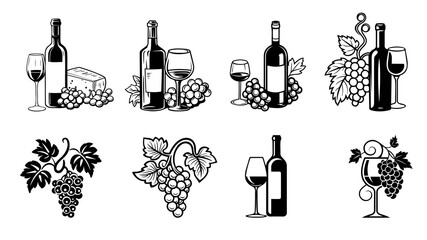 Set of wine bottle and glass with grapes. Vector Illustration