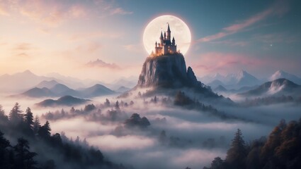 Dreamy moonlit misty mountain landscape scene