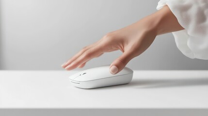 Hand using modern computer mouse. Person clicks on device. Isolated object on plain white surface. Tech input device. Human hand controls wireless tech.